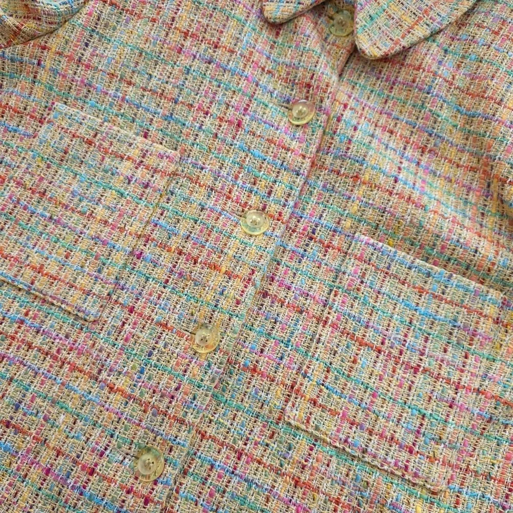 Clichy Vintage Pastel Multicolor Tweed Skirt Suit Set Yellow Pink Blue 6
